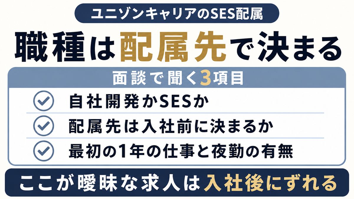 配属で仕事が決まる仕組みと面談で確認する項目を示す図